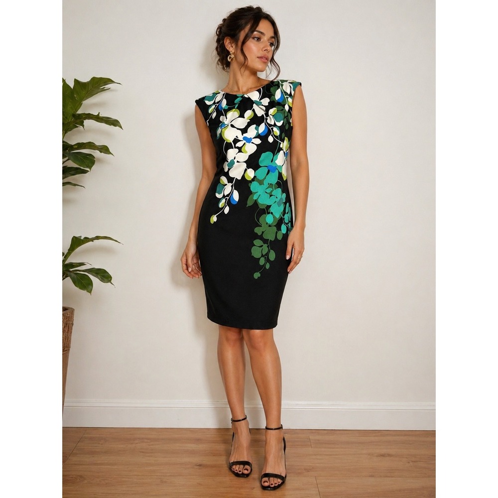 Maggy London Floral Sheath Dress Black Green Blue Size 4 Career Work Bodycon